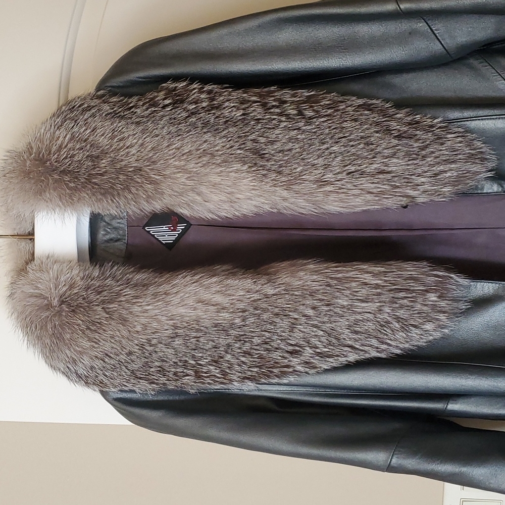 100% 3/4 length leather coat with removable silver fox collar